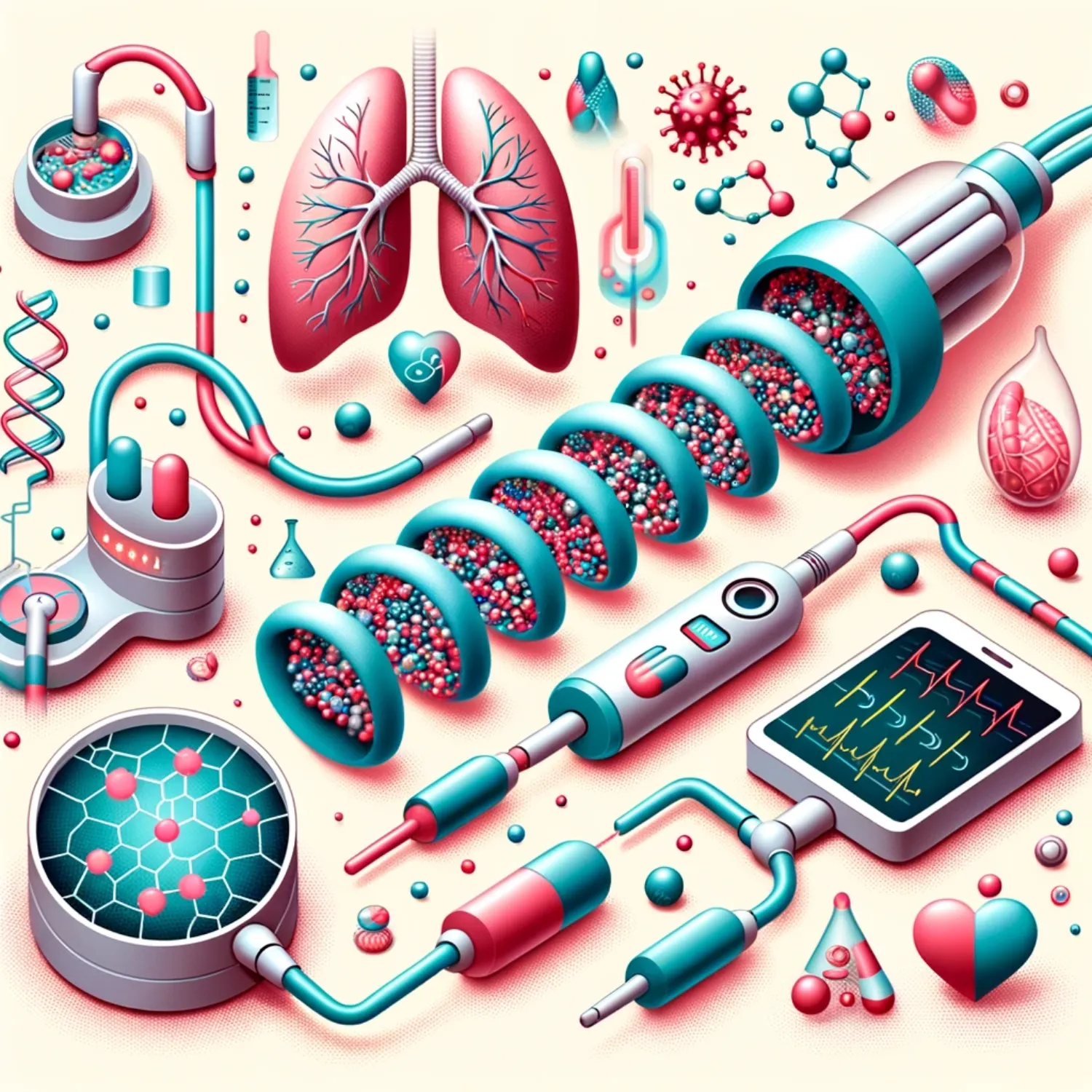 Illustration of carbon nanotube-based sensors applied in medical devices, detecting minute changes in biological signals